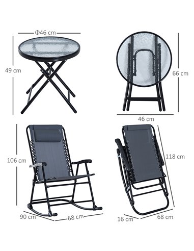 Outsunny 3 Piece Outdoor Rocking Set with 2 Folding Chairs and 1 Tempered Glass Table, Patio Bistro Set for Garden, Deck, Grey 8