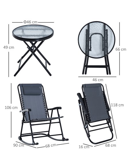 Outsunny 3 Piece Outdoor Rocking Set with 2 Folding Chairs and 1 Tempered Glass Table, Patio Bistro Set for Garden, Deck, Grey 8 - pic 45789 | FastDaddyshop