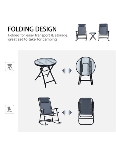 Outsunny 3 Piece Outdoor Rocking Set with 2 Folding Chairs and 1 Tempered Glass Table, Patio Bistro Set for Garden, Deck, Grey 8