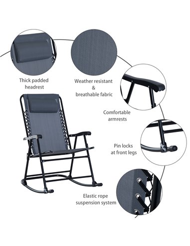 Outsunny 3 Piece Outdoor Rocking Set with 2 Folding Chairs and 1 Tempered Glass Table, Patio Bistro Set for Garden, Deck, Grey 8