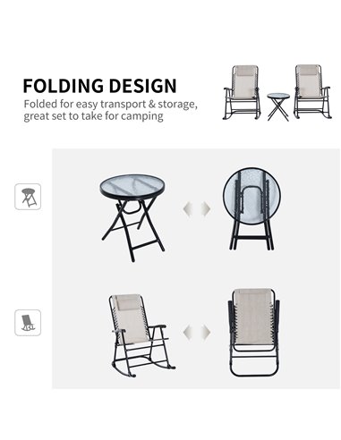 Outsunny 3 Piece Outdoor Rocking Set with 2 Folding Chairs and 1 Tempered Glass Table, Patio Bistro Set for Garden, Deck, Beige 