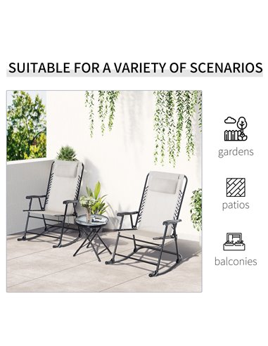 Outsunny 3 Piece Outdoor Rocking Set with 2 Folding Chairs and 1 Tempered Glass Table, Patio Bistro Set for Garden, Deck, Beige 