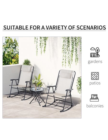 Outsunny 3 Piece Outdoor Rocking Set with 2 Folding Chairs and 1 Tempered Glass Table, Patio Bistro Set for Garden, Deck, Beige  - pic 45809 | FastDaddyshop