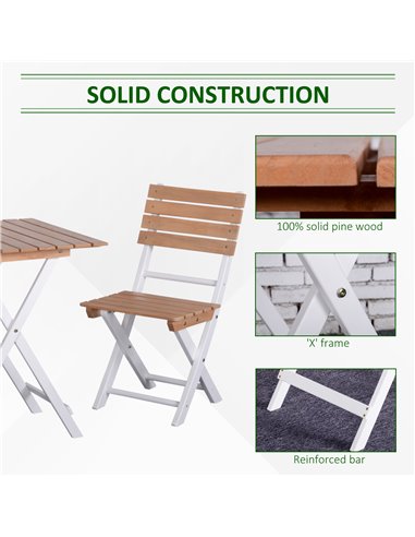Outsunny 3 Piece Patio Bistro Set, Folding Outdoor Chairs and Table Set, Pine Wood Frame for Poolside Garden, Natural 84B-789ND