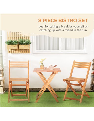 Outsunny 3 Piece Garden Bistro Set, Folding Outdoor Chairs and Table Set, Wooden Patio Dining Furniture for Poolside, Balcony, T