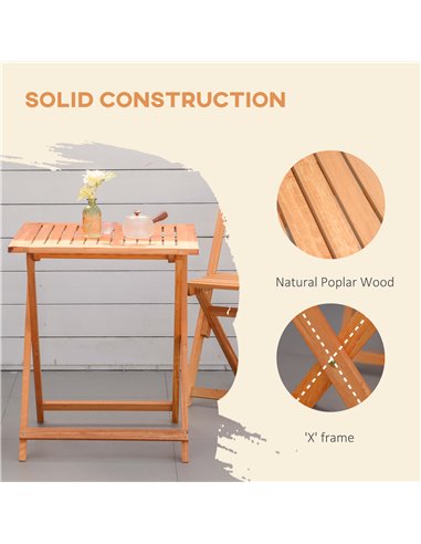 Outsunny 3 Piece Garden Bistro Set, Folding Outdoor Chairs and Table Set, Wooden Patio Dining Furniture for Poolside, Balcony, T