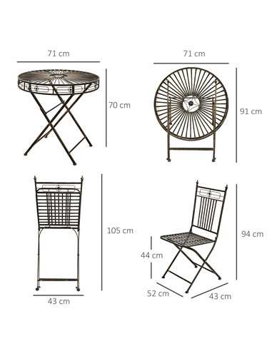 Outsunny 3 Piece Garden Outdoor Bistro Set with 2 Folding Chairs and 1 Folding Round Table, Metal Frame for Lawn, Backyard and P