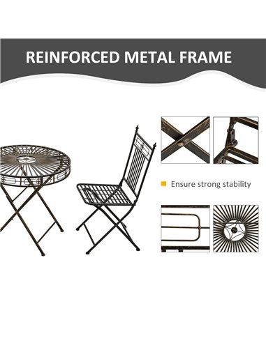 Outsunny 3 Piece Garden Outdoor Bistro Set with 2 Folding Chairs and 1 Folding Round Table, Metal Frame for Lawn, Backyard and P