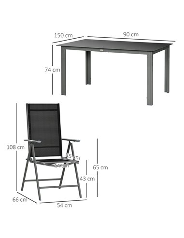 Outsunny 7 Piece Garden Dining Set, Outdoor Table and 6 Folding and Reclining Chairs, Aluminium Frame, Tempered Glass Top Table 