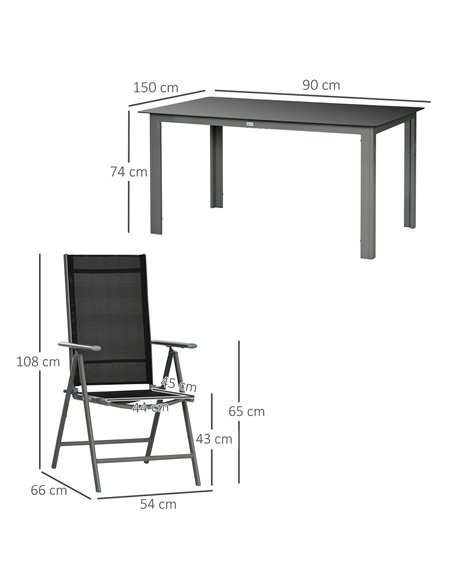 Outsunny 7 Piece Garden Dining Set, Outdoor Table and 6 Folding and Reclining Chairs, Aluminium Frame, Tempered Glass Top Table  - pic 45888 | FastDaddyshop