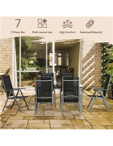 Outsunny 7 Piece Garden Dining Set, Outdoor Table and 6 Folding and Reclining Chairs, Aluminium Frame, Tempered Glass Top Table 