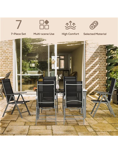 Outsunny 7 Piece Garden Dining Set, Outdoor Table and 6 Folding and Reclining Chairs, Aluminium Frame, Tempered Glass Top Table  - pic 45889 | FastDaddyshop