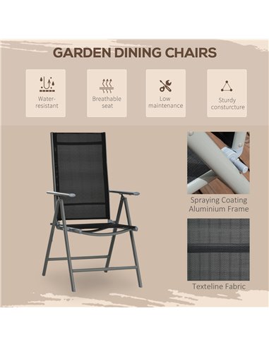 Outsunny 7 Piece Garden Dining Set, Outdoor Table and 6 Folding and Reclining Chairs, Aluminium Frame, Tempered Glass Top Table 