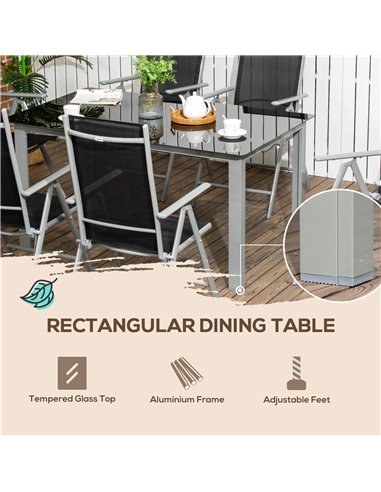 Outsunny 7 Piece Garden Dining Set, Outdoor Table and 6 Folding and Reclining Chairs, Aluminium Frame, Tempered Glass Top Table 
