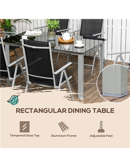 Outsunny 7 Piece Garden Dining Set, Outdoor Table and 6 Folding and Reclining Chairs, Aluminium Frame, Tempered Glass Top Table  - pic 45893 | FastDaddyshop
