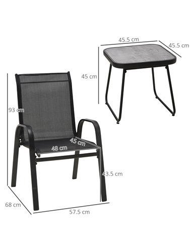 Outsunny 3 Pieces Outdoot Bistro Set, Patio Stackable Armchairs with Breathable Mesh Fabric and PSC Board Coffee Table, Black 84