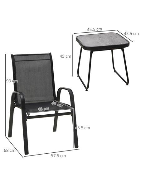 Outsunny 3 Pieces Outdoot Bistro Set, Patio Stackable Armchairs with Breathable Mesh Fabric and PSC Board Coffee Table, Black 84 - pic 45924 | FastDaddyshop