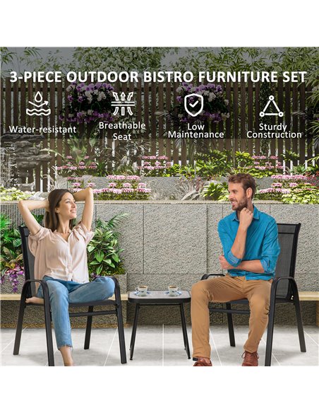 Outsunny 3 Pieces Outdoot Bistro Set, Patio Stackable Armchairs with Breathable Mesh Fabric and PSC Board Coffee Table, Black 84 - pic 45925 | FastDaddyshop