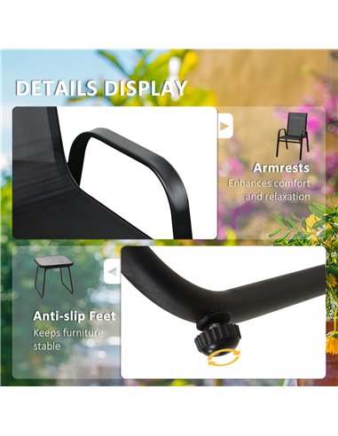 Outsunny 3 Pieces Outdoot Bistro Set, Patio Stackable Armchairs with Breathable Mesh Fabric and PSC Board Coffee Table, Black 84