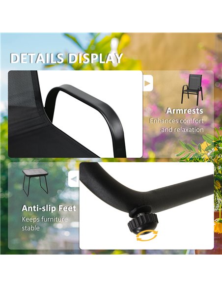 Outsunny 3 Pieces Outdoot Bistro Set, Patio Stackable Armchairs with Breathable Mesh Fabric and PSC Board Coffee Table, Black 84 - pic 45927 | FastDaddyshop