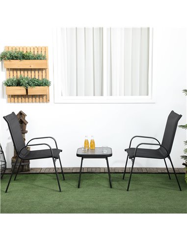 Outsunny 3 Pieces Outdoot Bistro Set, Patio Stackable Armchairs with Breathable Mesh Fabric and PSC Board Coffee Table, Black 84