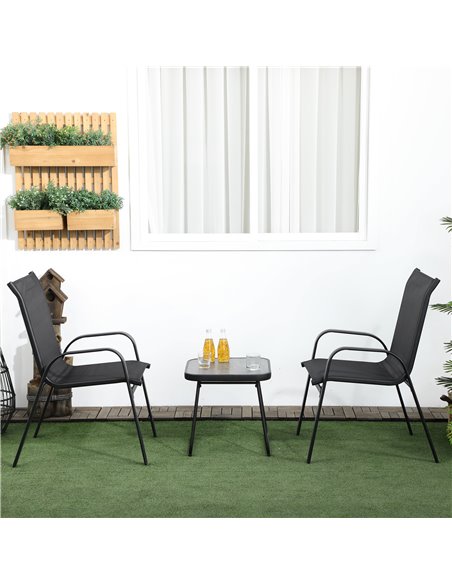 Outsunny 3 Pieces Outdoot Bistro Set, Patio Stackable Armchairs with Breathable Mesh Fabric and PSC Board Coffee Table, Black 84 - pic 45928 | FastDaddyshop