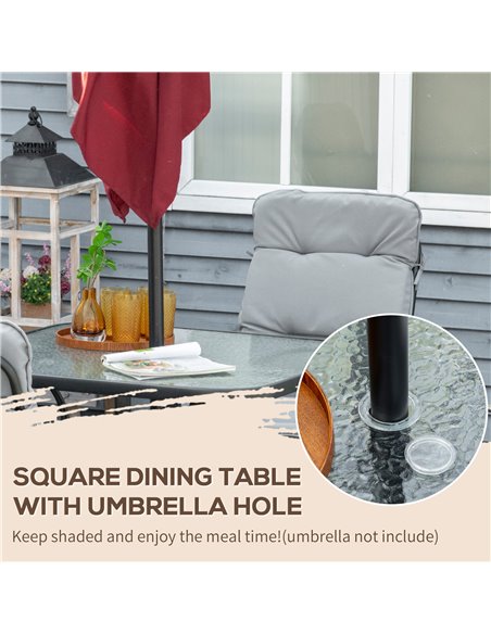 Outsunny 5 Pieces Garden Dining Set, Outdoor Square Dining Table and 4 Cushioned Armchairs, Tempered Glass Top Table w/ Umbrella - pic 45943 | FastDaddyshop