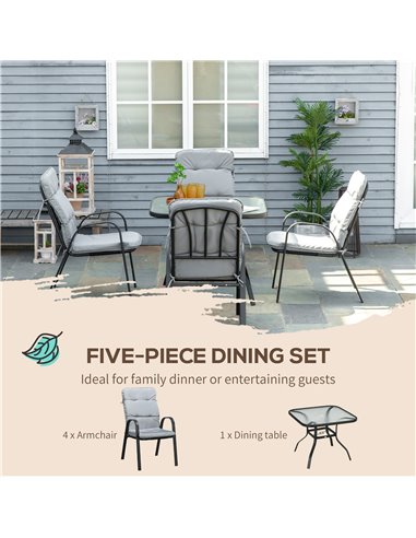 Outsunny 5 Pieces Garden Dining Set, Outdoor Square Dining Table and 4 Cushioned Armchairs, Tempered Glass Top Table w/ Umbrella