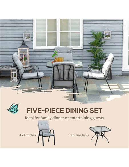 Outsunny 5 Pieces Garden Dining Set, Outdoor Square Dining Table and 4 Cushioned Armchairs, Tempered Glass Top Table w/ Umbrella - pic 45944 | FastDaddyshop