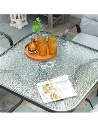 Outsunny 5 Pieces Garden Dining Set, Outdoor Square Dining Table and 4 Cushioned Armchairs, Tempered Glass Top Table w/ Umbrella