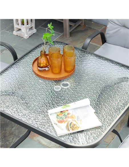 Outsunny 5 Pieces Garden Dining Set, Outdoor Square Dining Table and 4 Cushioned Armchairs, Tempered Glass Top Table w/ Umbrella - pic 45946 | FastDaddyshop