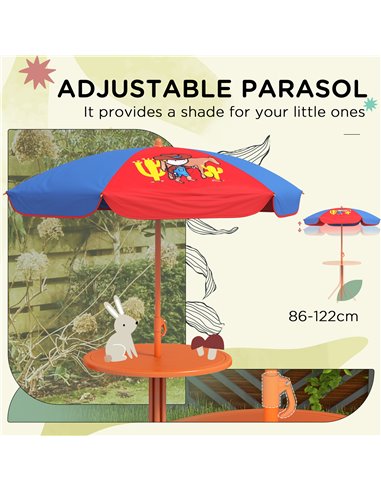 Outsunny Kids Picnic Table and Chair Set Cowboy Themed Outdoor Garden Furniture w/ Foldable Chairs, Adjustable Parasol 3E3-003V0