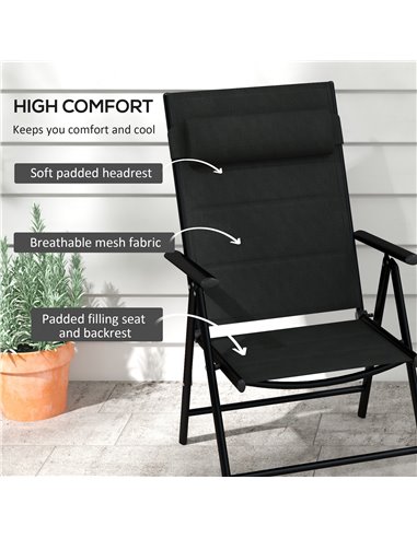 Outsunny Set of 2 Patio Folding Chairs w/ Adjustable Back, Garden Dining Chairs w/ Breathable Mesh Fabric Padded Seat, Backrest,