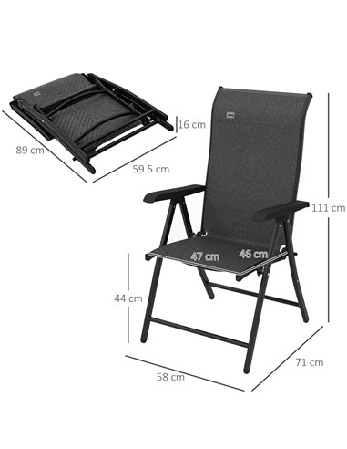 Outsunny Set of 2 Outdoor Wicker Folding Chairs, Patio PE Rattan Dining Armrests Chair set with 7 Levels Adjustable Backrest, fo