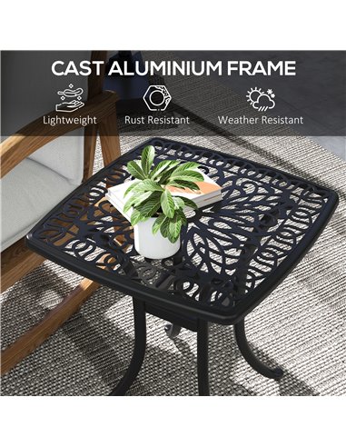Outsunny Cast Aluminium Bistro Table, Outdoor Square Side Table with Umbrella Hole, Garden Table for Balcony, Poolside, Black 84