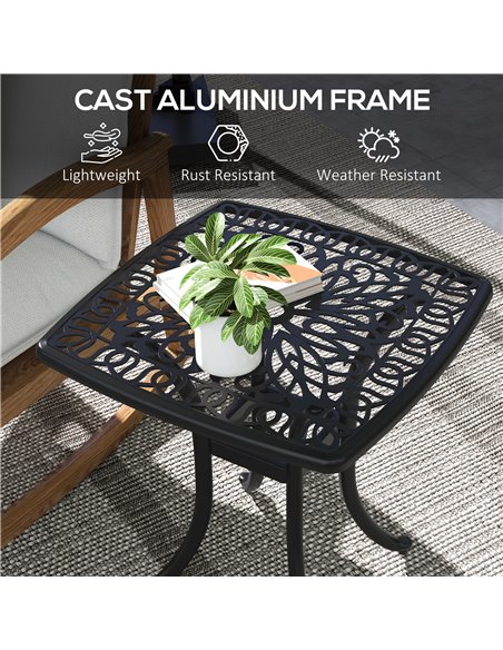 Outsunny Cast Aluminium Bistro Table, Outdoor Square Side Table with Umbrella Hole, Garden Table for Balcony, Poolside, Black 84 - pic 46034 | FastDaddyshop