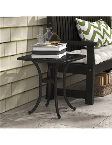 Outsunny Cast Aluminium Bistro Table, Outdoor Square Side Table with Umbrella Hole, Garden Table for Balcony, Poolside, Black 84