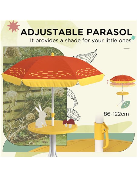 Outsunny Kids Picnic Table and Chair Set Lion Themed Outdoor Garden Furniture w/ Foldable Chairs, Adjustable Parasol - Yellow 3E - pic 46052 | FastDaddyshop