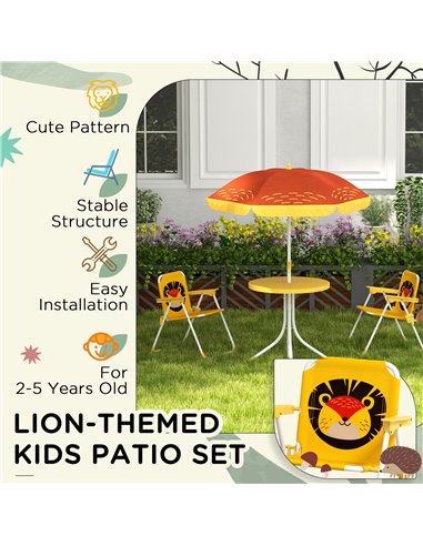 Outsunny Kids Picnic Table and Chair Set Lion Themed Outdoor Garden Furniture w/ Foldable Chairs, Adjustable Parasol - Yellow 3E