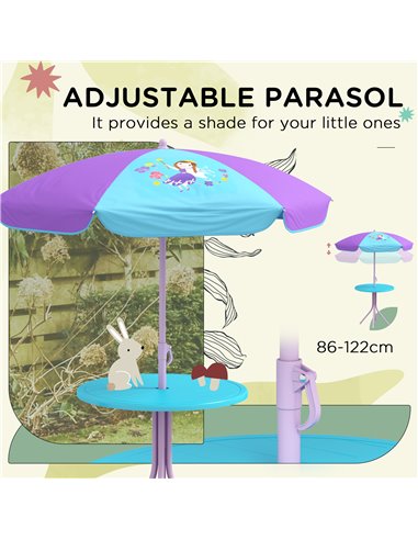 Outsunny Kids Picnic Table and Chair Set, Fairy Themed Outdoor Garden Furniture w/ Foldable Chairs, Adjustable Parasol 3E3-005V0