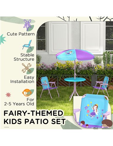 Outsunny Kids Picnic Table and Chair Set, Fairy Themed Outdoor Garden Furniture w/ Foldable Chairs, Adjustable Parasol 3E3-005V0