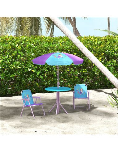 Outsunny Kids Picnic Table and Chair Set, Fairy Themed Outdoor Garden Furniture w/ Foldable Chairs, Adjustable Parasol 3E3-005V0