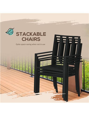 Outsunny 7 Pieces Garden Dining Set, Outdoor Table and 6 Stackable Chairs, Metal Top Table with Umbrella Hole, Black 84G-281V00B