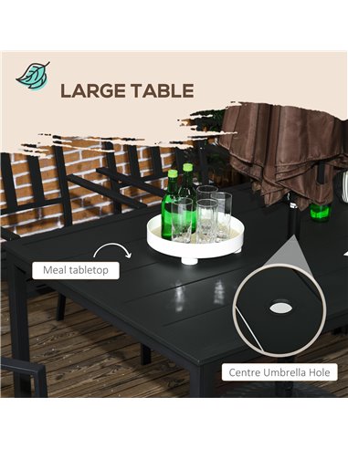 Outsunny 7 Pieces Garden Dining Set, Outdoor Table and 6 Stackable Chairs, Metal Top Table with Umbrella Hole, Black 84G-281V00B