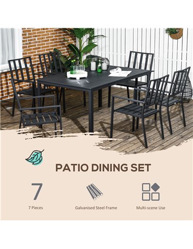 Outsunny 7 Pieces Garden Dining Set, Outdoor Table and 6 Stackable Chairs, Metal Top Table with Umbrella Hole, Black 84G-281V00B