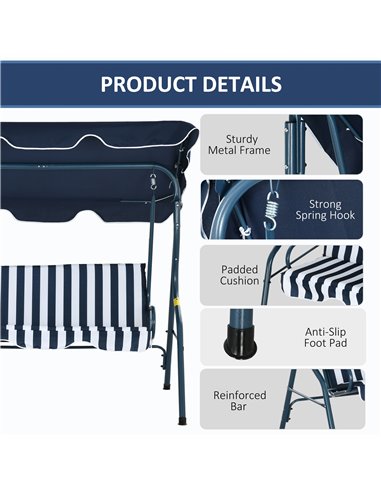 Outsunny 3 Seater Garden Swing Seat Chair Outdoor Bench with Adjustable Canopy and Metal Frame, Blue Stripes 84A-118V01BU