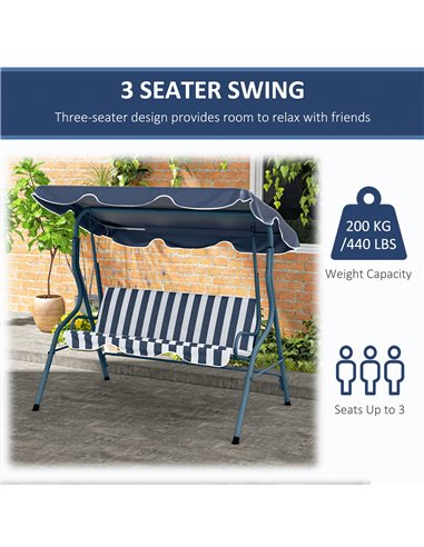 Outsunny 3 Seater Garden Swing Seat Chair Outdoor Bench with Adjustable Canopy and Metal Frame, Blue Stripes 84A-118V01BU