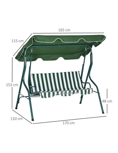 Outsunny 3 Seater Outdoor Garden Swing Seat Chair, Green Stripes 84A-118V01GN