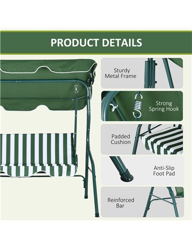 Outsunny 3 Seater Garden Swing Seat Chair Outdoor Bench with Adjustable Canopy and Metal Frame, Green Stripes 84A-118V01GN