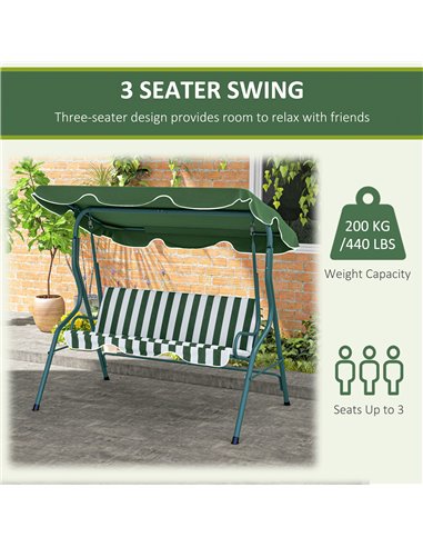 Outsunny 3 Seater Garden Swing Seat Chair Outdoor Bench with Adjustable Canopy and Metal Frame, Green Stripes 84A-118V01GN